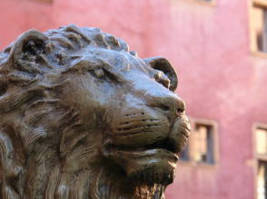 A lion statue in the garden of the Maison des Avocats, in Vieux-Lyon © Laurent Berthier